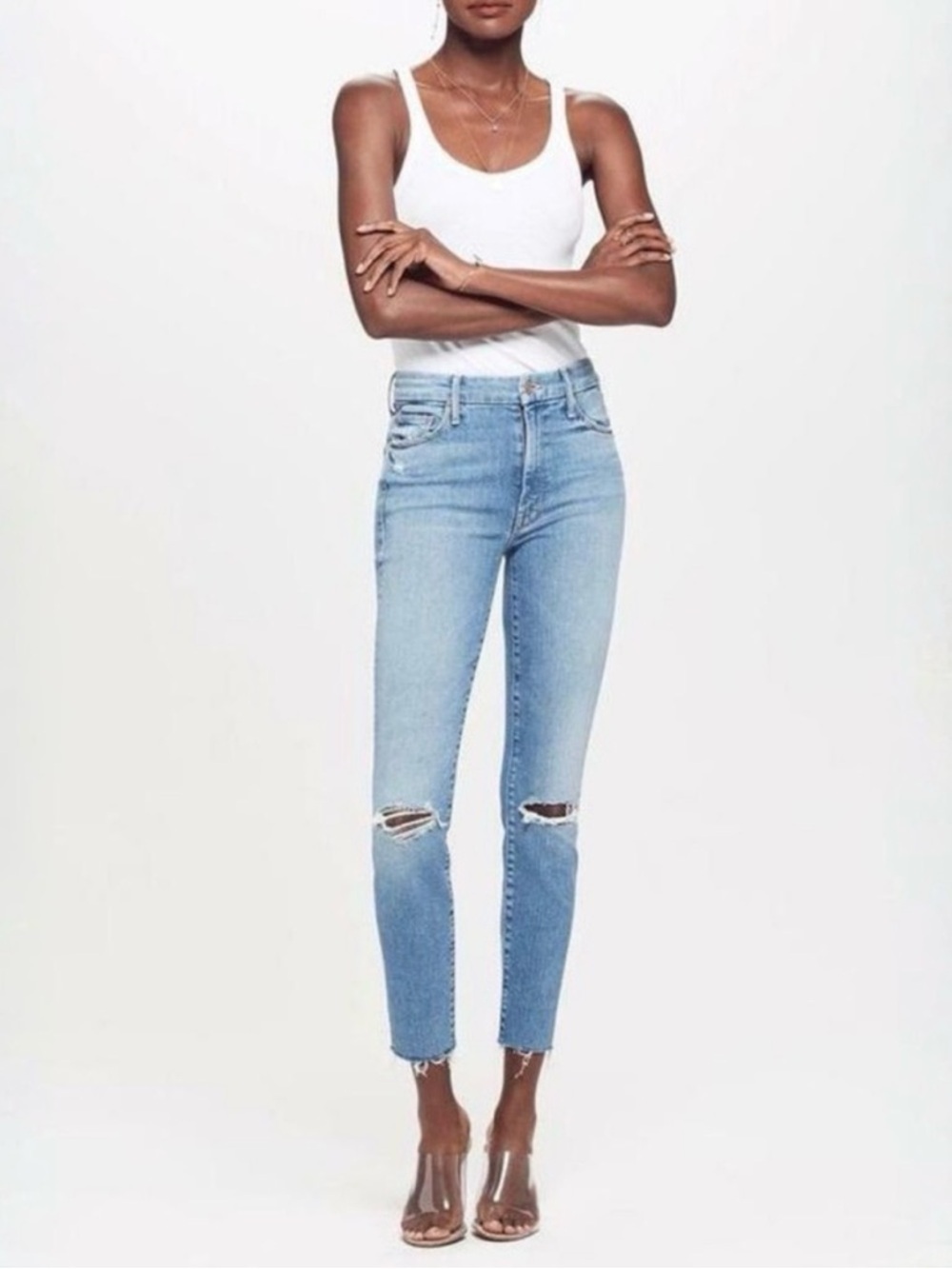 MOTHER, skinny blue jeans, looker ankle fray, shoot to thrill destroyed size 24